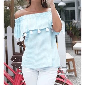 La Mer Luxe Baby Blue Striped Off the Shoulder Monica Top, Sz Medium, MP $104